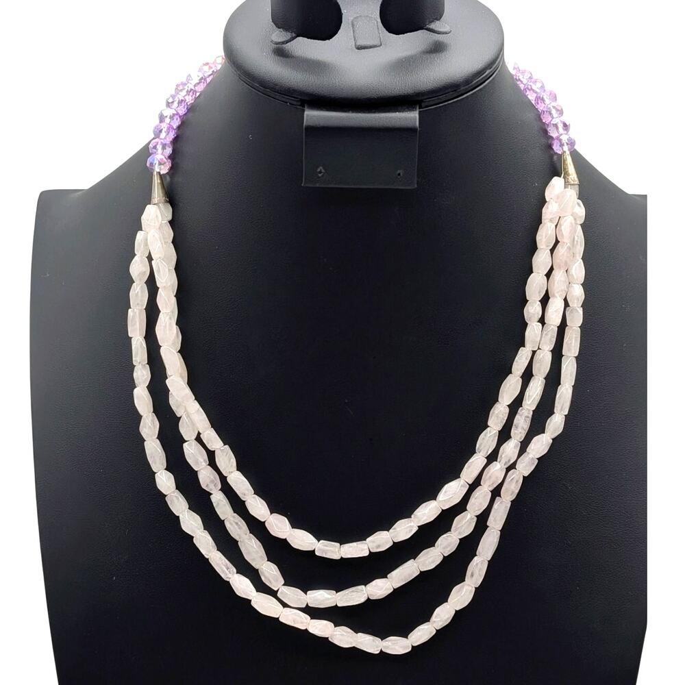 AB Lavender Crystal Pink Rose Quartz Stone 1 Strand to 3 Silver Tone Necklace